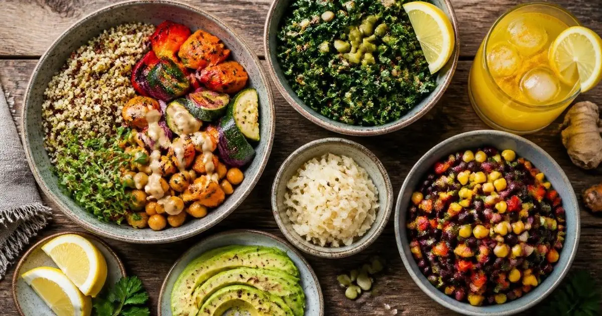 Overhead view of colourful bowls: quinoa with roasted vegetables and chickpeas, chopped greens, a bean and corn salad, sliced avocado and lemon