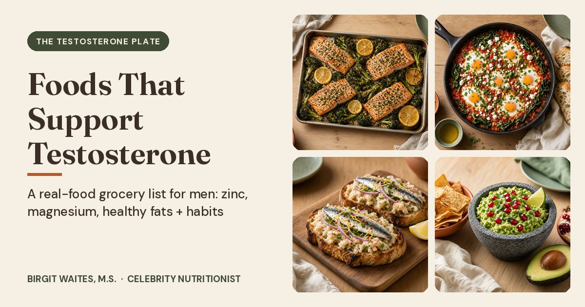 Foods That Support Testosterone: sheet-pan salmon with broccoli, shakshuka eggs with greens, sardine white bean toast and guacamole with pomegranate