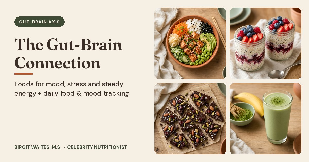 The Gut-Brain Connection: wild salmon bowl, chia berry overnight oats, dark chocolate bark with pumpkin seeds and a green matcha smoothie