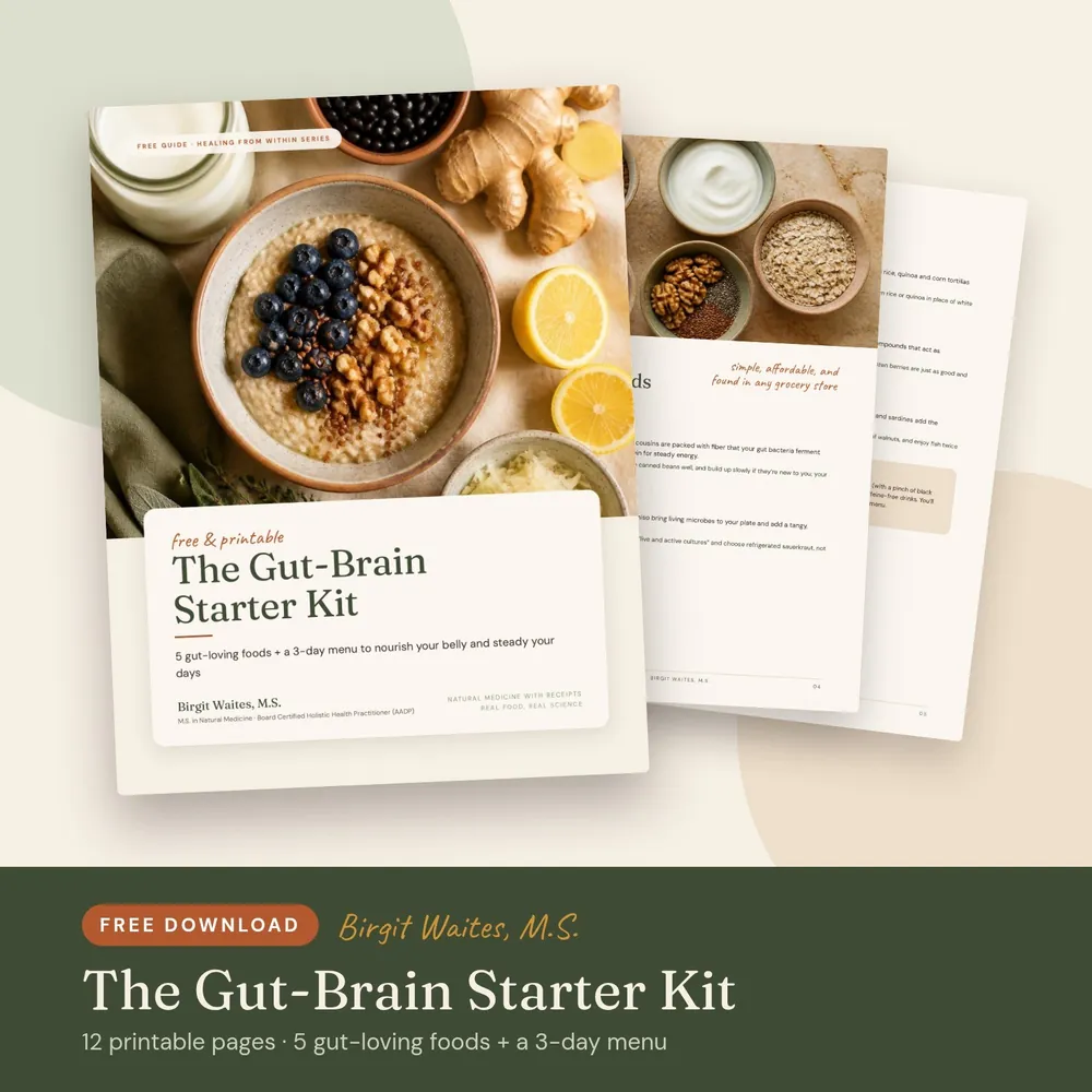 The Gut-Brain Starter Kit by Birgit Waites, M.S., a free printable guide with a 3-day menu