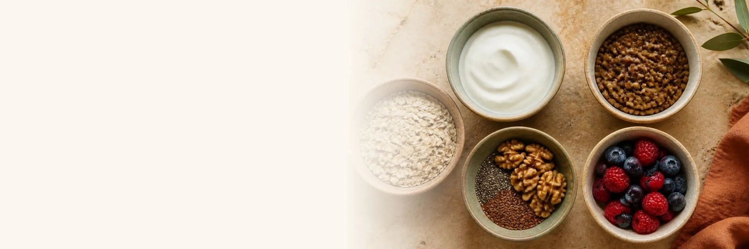 Bowls of oats, Greek yogurt, whole grains, chia and flax seeds with walnuts, and fresh berries: everyday natural GLP-1 foods